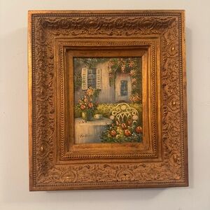 Vintage Signed Garden Scene In Gold Intricate Frame